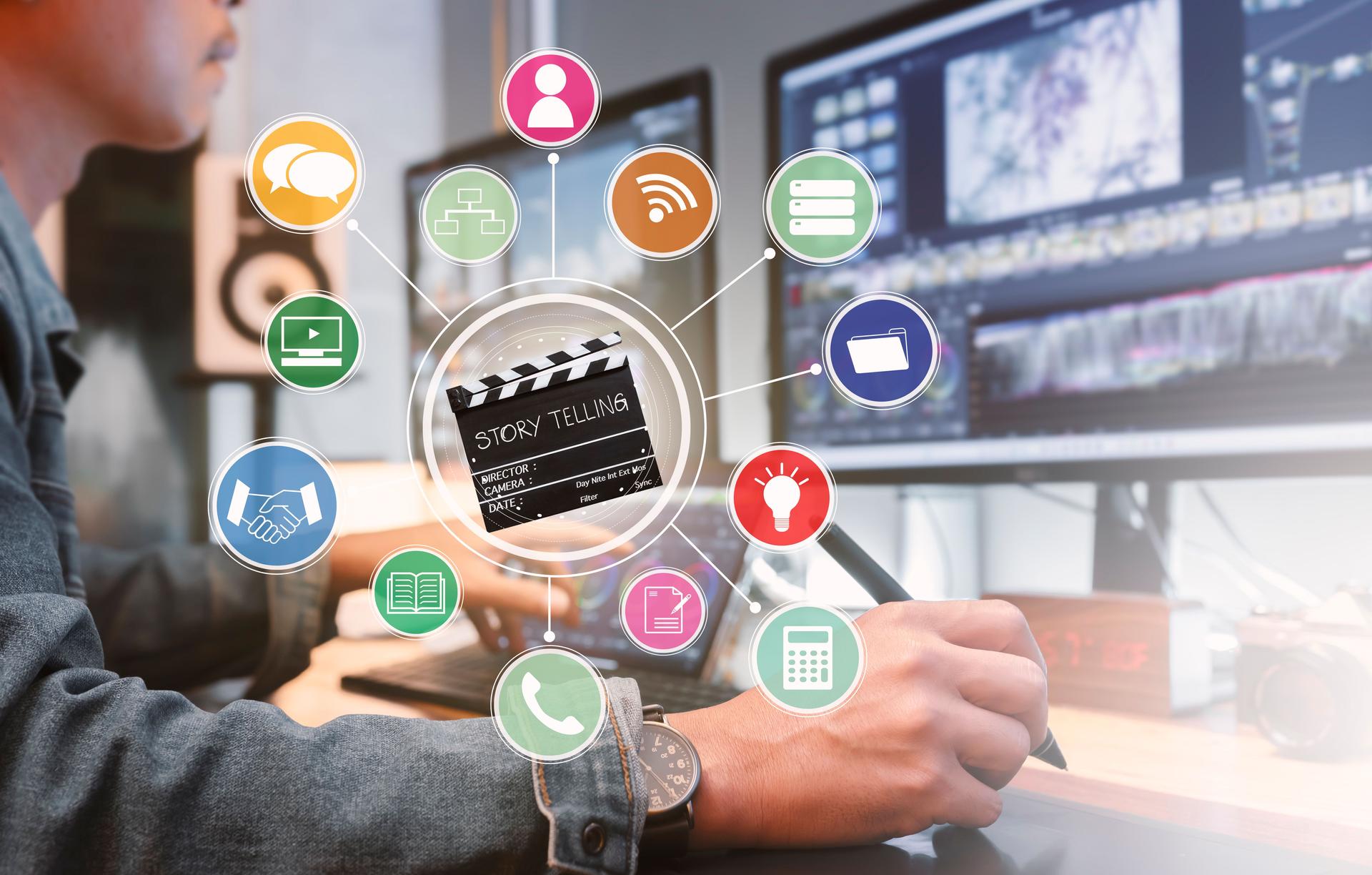 Post Production workflows diagram.Filmmaker or movie video editor and colorist, working with footage or video on his personal computer by pen tool and tablet, in his creative office studio.
