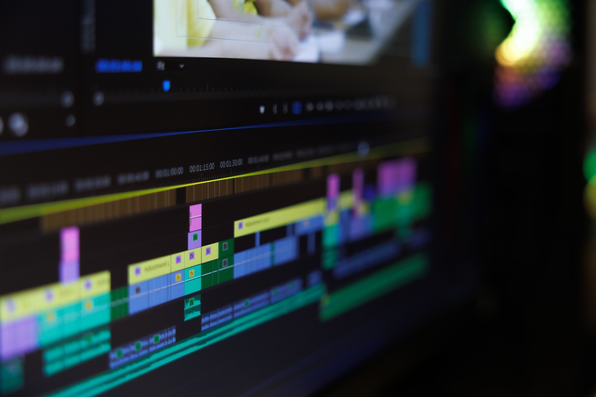 Work in the program for video editing on personal computer or laptop close up. Navigation in a computer program. Cursor movement. Work in the home office.